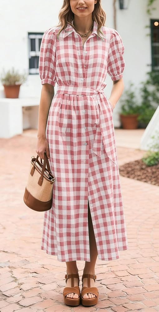 CHARTOU Women Summer Plaid Puff Short Sleeve Dress Button Down Long Shirt Dress with Belt | Amazon (US)