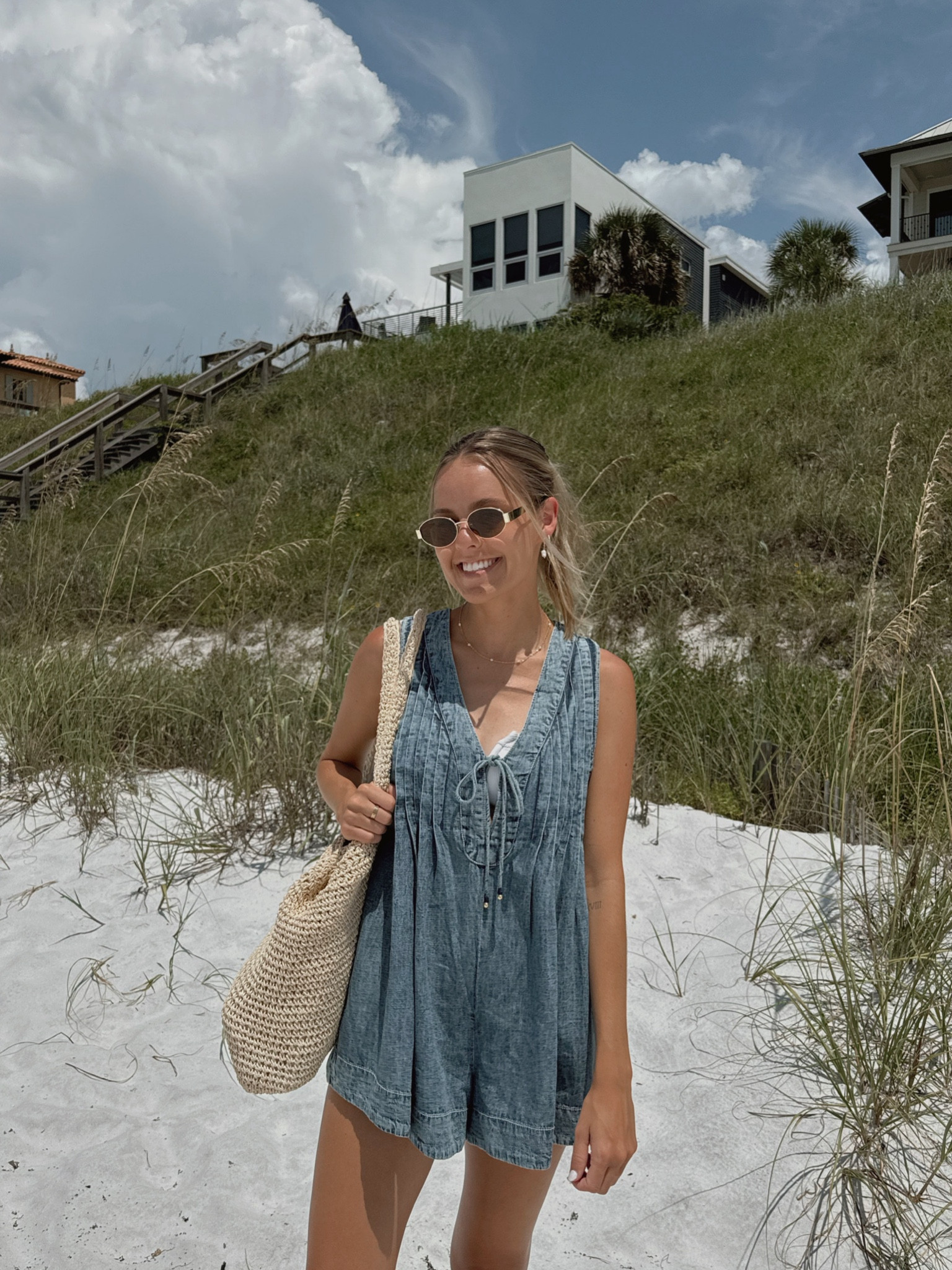 my favorite purchase of the summer, this cutie denim romper!! 🌊🫶🏻 perfect to just throw on or use as a swimsuit coverup! 