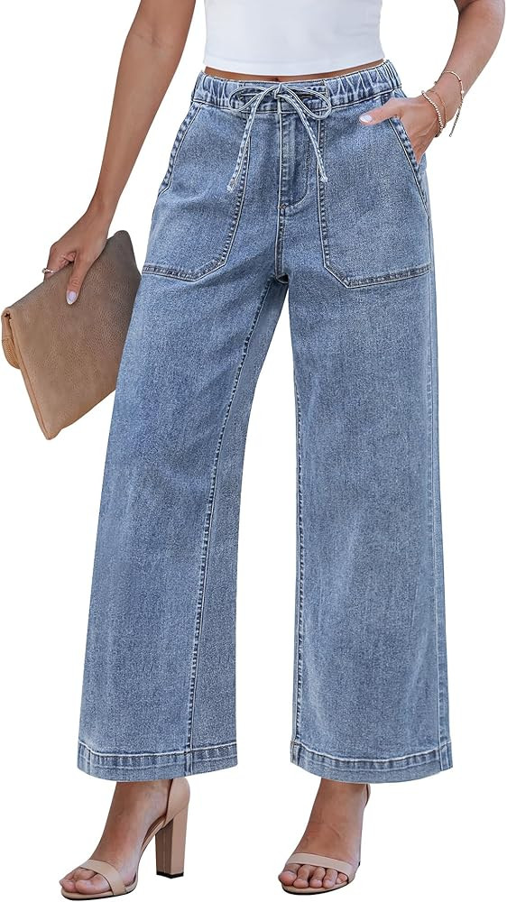 GRAPENT Wide Leg Jeans for Women Trendy High Waisted Drawstring Tie Elastic Waist Stretchy Denim ... | Amazon (US)
