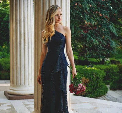 One Shoulder Floral Embroidered Gown In Navy Sateen | Adrianna Papell