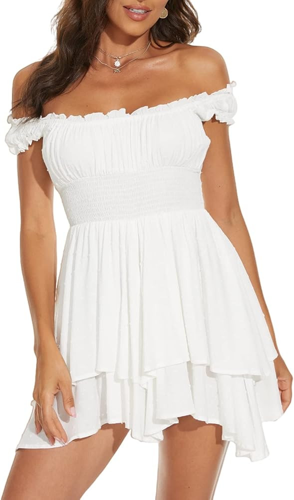 FOROLAV Flowy Rompers for Women On Off Shoulder Ruffle Jumpsuit Fit and Flare Playsuits with Elas... | Amazon (CA)