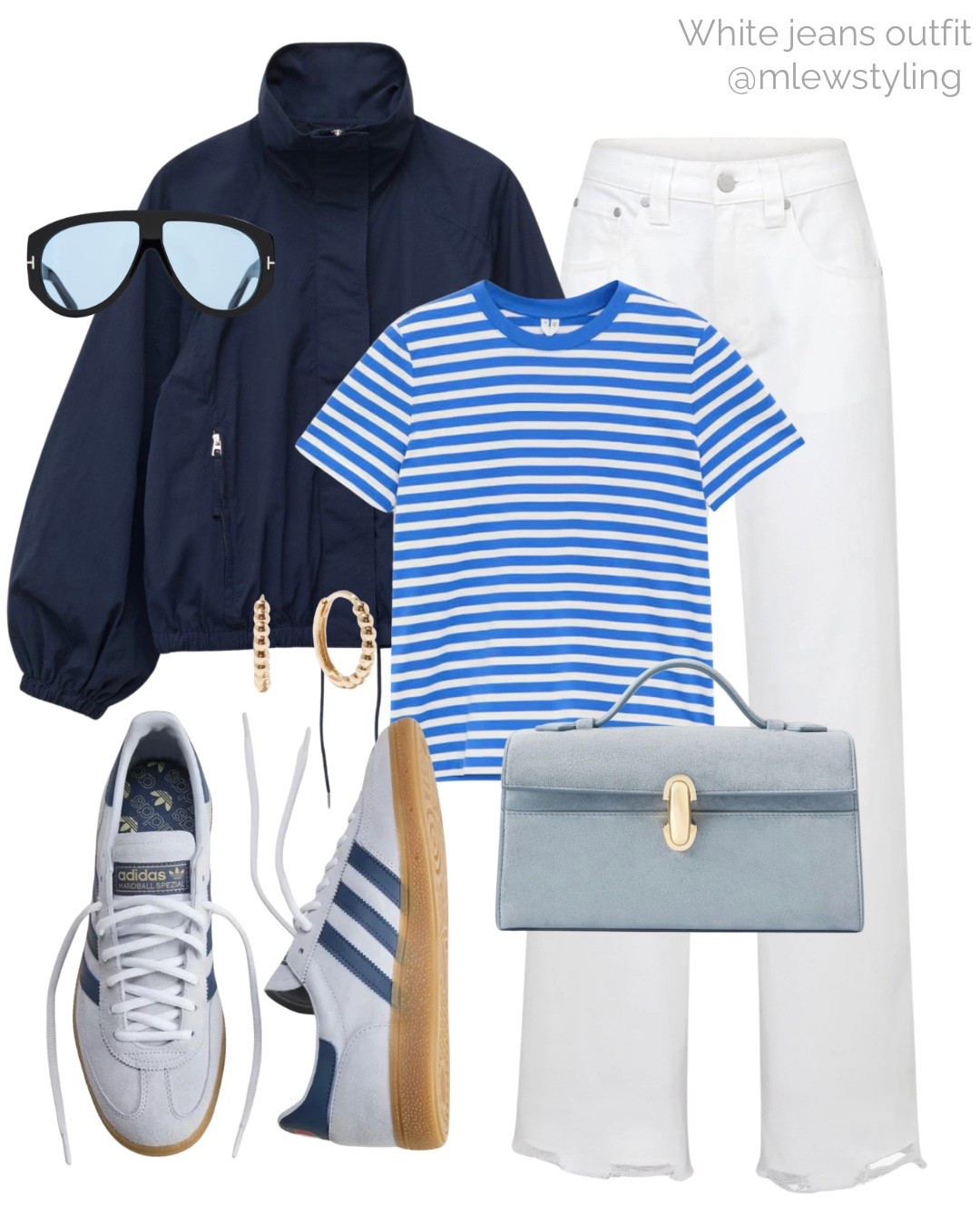 Casual spring outfit with white jeans 🤍

Tags: TT denim, striped tee, navy blue jacket, adidas s eaters, savette pouch bag, quince earrings, Tom ford aviator sunglasses, neutral aesthetic, capsule wardrobe 

#LTKootd #LTKSeasonal #LTKgrwm