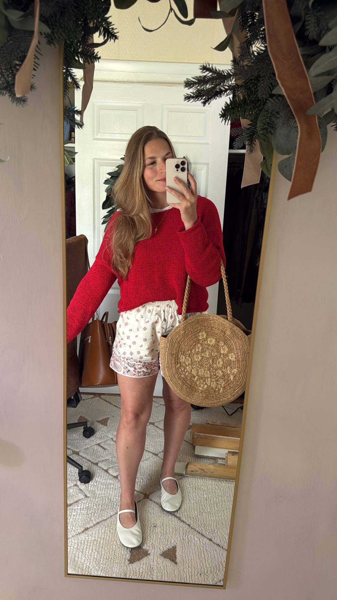 Summer outfit, ootd, red sweater, cotton shorts, key necklace, basket bag, white flats, outfit for 60 degrees

#LTKootd #LTKSeasonal