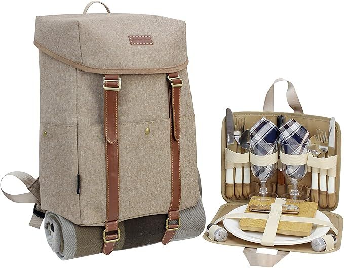 Picnic Backpack for 2 | Picnic Basket | Stylish All-in-One Portable Picnic Bag with Complete Cutl... | Amazon (US)