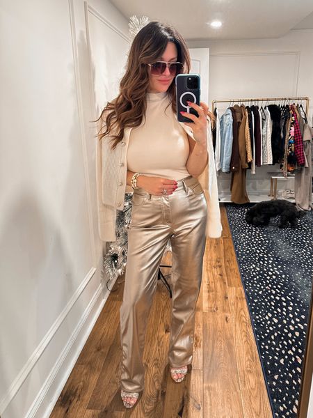 50% off Express holiday favorites! These metallic pants are so good and run TTS. Wearing size 4. Small in bodysuit.

Holiday style, metallic trends, festive outfit, express style, pearl sweater

#LTKCyberWeek #LTKstyletip #LTKHoliday