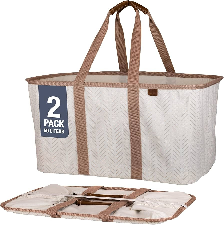 CleverMade Collapsible Laundry Tote - LUXE Cream Herringbone 2Pack 50L -Foldable Storage Organiza... | Amazon (US)