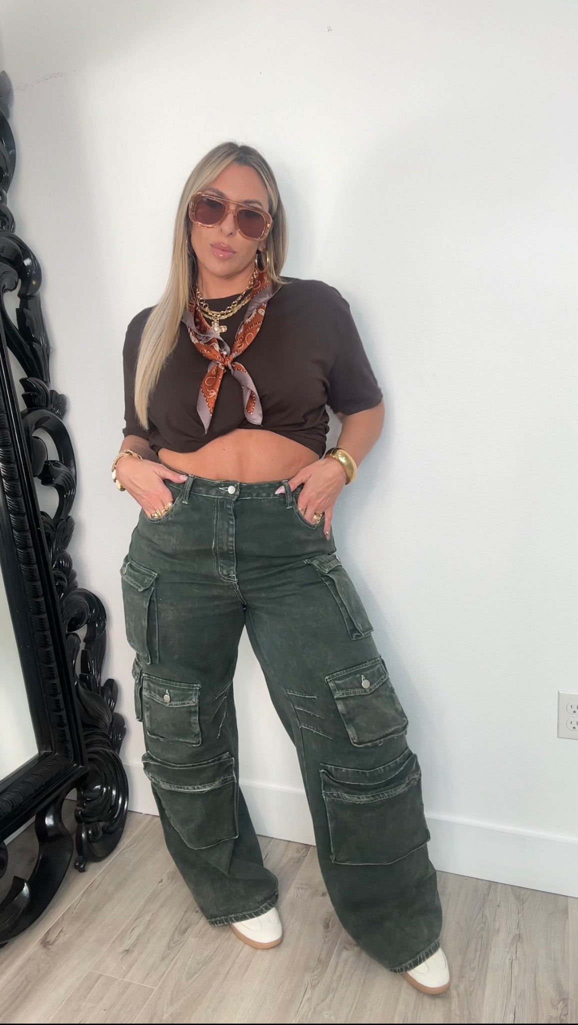 Midsize Concert Outfit Idea 

Breezy Bowl Shirt Sold out- linked similar options 

and linked a brown bandana shirt option 

fashion nova cargos (can’t linked here) search site for “Lily High Rise Cargo” (green) size 15 reg length (no stretch) 

amazon scarf  and accessories the gold hoops are 50 mm

adidas (neutral) linked similar 

sunglasses dezi linked both retailers (nordstrom and dezi.com)


#concertoutfit #szaconcert #grandnationaltour #kendricklamar
#breezybowl 
 


#LTKMidsize #LTKStyleTip #LTKOver40