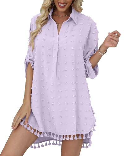 Yincro Women’s Swimsuit Coverup Shirt Dress Swiss Dots Tassel Beach Bathing Suit Cover Up for Swimwear (Light Purple, M) | Amazon (US)