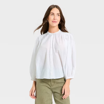 Women's Puff Long Sleeve Banded Collar Neck Blouse - Universal Thread™ | Target