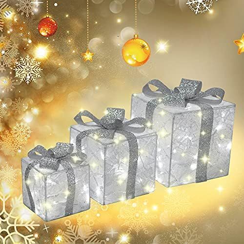 DROFELY Christmas LED Lights Gift Boxes,White Gift Box with Silver Bow Set of 3pcs Christmas Deco... | Amazon (US)