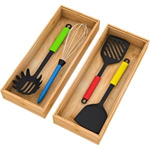 Bamboo Drawer Organizer Storage Box Kitchen - Wood Stackable Tray Set of 2, 15x6x2.5 inch | Amazon (US)