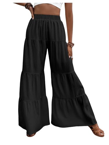 Floerns Women's Elastic High Waist Ruffle Wide Leg Pants Loose Beach Palazzo Pants Black Small | Amazon (US)