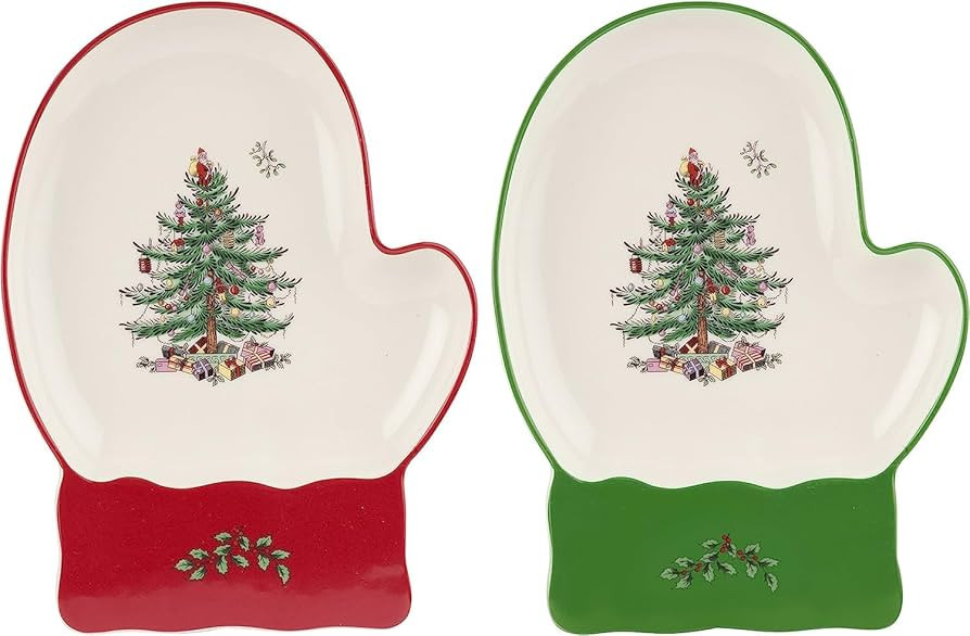 Spode Christmas Tree Mitten Dishes (Set of 2) - Red & Green Serving Platters for Cookies, Dessert... | Amazon (US)
