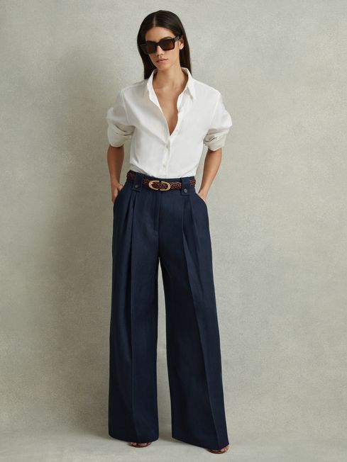 Reiss Navy Leila Linen Front Pleat Trousers | Reiss UK
