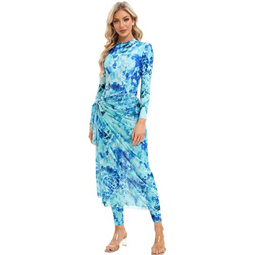 IMEKIS Muslim Swimsuits for Women: Modest Swimwear Islamic Long Sleeve Burkini Full Cover Muslim Dress Pants Rash Guard Shirt Beach Cover Up Wrap Skirt Sarong Bathing Suits 4PCS Aqua Small | Amazon (US)