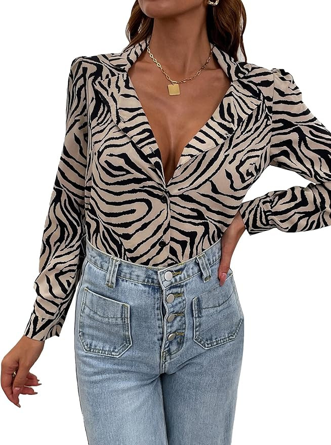 MakeMeChic Women's Zebra Print Long Sleeve Button Down Shirt Blouse Tops | Amazon (US)