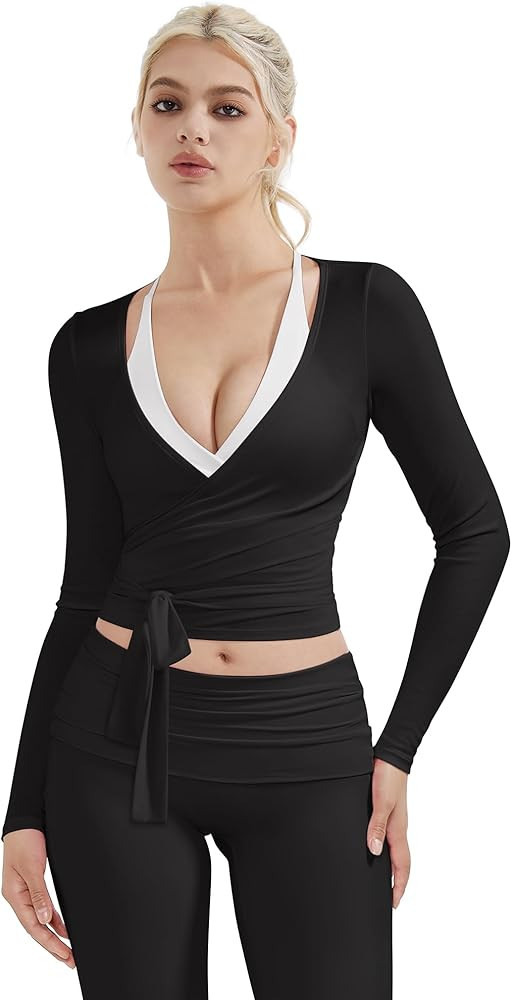 SUUKSESS Women Pilates Wrap Workout Cropped Top Ribbed Long Sleeve V Neck Tie Front Ballet Yoga S... | Amazon (US)