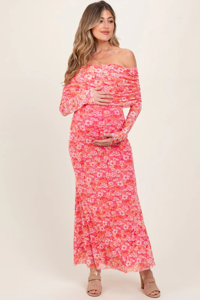 Pink Floral Mesh Off Shoulder Long Sleeve Maternity Maxi Dress | PinkBlush Maternity