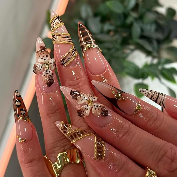 Almond Press on Nails Long Brown Flowers Stick on Nail for Women 24pcs | Amazon (US)