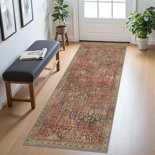 Bavni 2x5 Runner Rugs for Hallways Kitchen Entryway, Washable Runner Rug Vintage Distressed Print Carpet, Ultra-Thin Chenille Low Pile Lightweight Rug with Non Slip Backing, Burgundy Red | Amazon (CA)