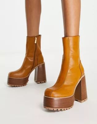 ASOS DESIGN Emotive high-heeled platform ankle boots in tan | ASOS (Global)