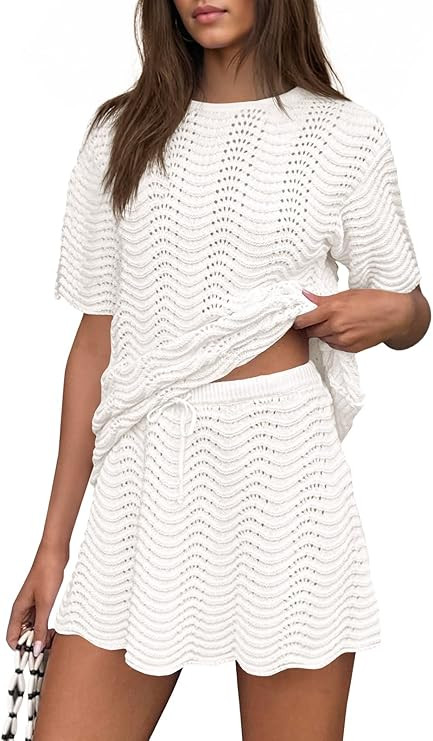 Fisoew Womens Crochet Swimsuit Coverup 2 Piece Skirt Sets Bathing Suit Cover Up Knit Beach Vacati... | Amazon (US)