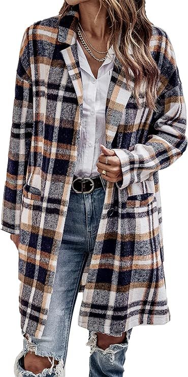 PRETTYGARDEN Women's 2023 Plaid Shacket Jacket Casual Button Wool Blend Winter Tartan Trench Coat... | Amazon (US)