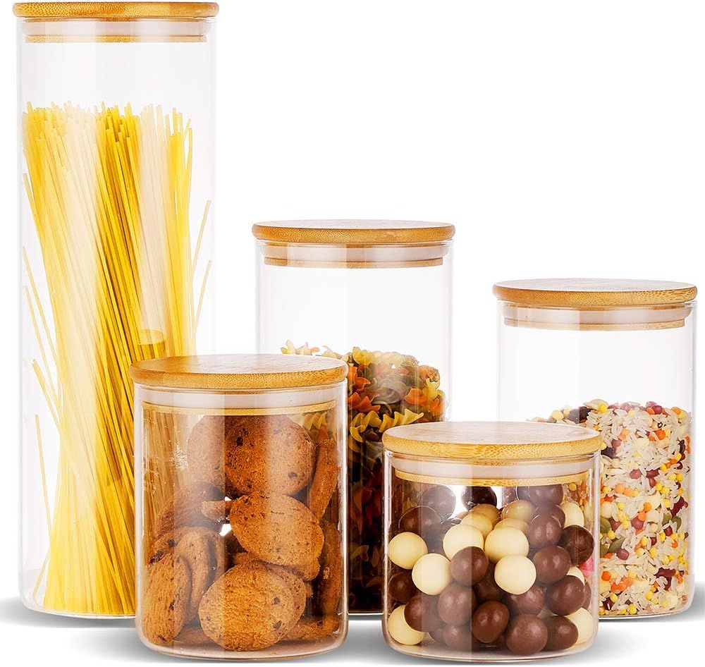 Erreloda Glass Food Storage Jars Containers, Glass Storage Jar with Airtight Bamboo Lids Set of 5... | Amazon (US)
