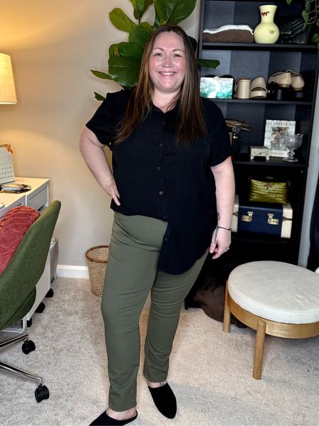 Plus Size Teacher Outfit from Old Navy and Torrid! Jess is wearing a button-down tunic from Torrid in a size 2 - fits loose, a pair of high-waisted skinny pants from Old Navy in a size 16 petite - these fit but we're a bit snug and the  18s were too big, and a pair of faux suede mules also from Old Navy!

#LTKcurves #LTKBacktoSchool #LTKSeasonal