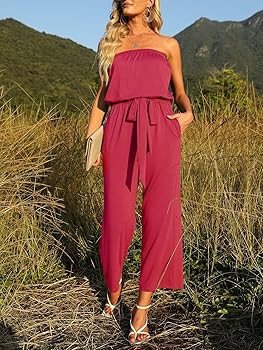 ZESICA Women's Casual Off Shoulder Solid Color Strapless Belted Wide Leg Jumpsuit Romper | Amazon (US)