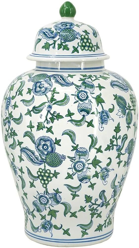 Porcelain Ginger Jar with Elegant Blue and Green Cherry Blossom Motifs, Decorative Lidded Jar, Tr... | Amazon (US)
