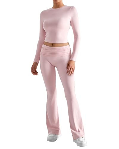 RXRXCOCO Women's 2 Piece Lounge Sets Long Sleeve Y2K Crop Tops Fold Over Flare Pants Casual Outfits Matching Sets Pajama Pink Medium | Amazon (US)