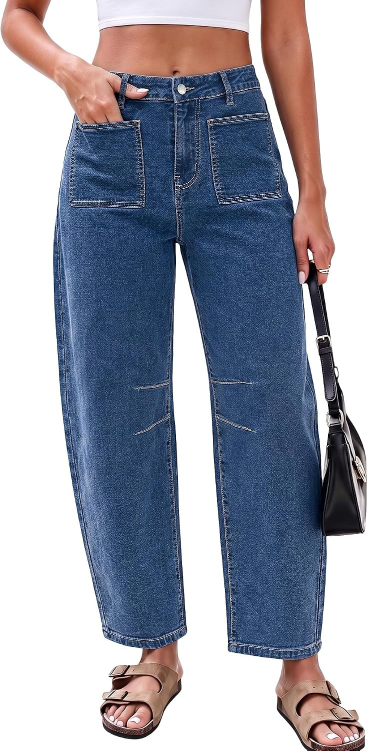 GRAPENT Barrel Jeans for Women Trendy Cropped High Waisted Patch Pocket Baggy Stretch Denim Pants Casual Wide Leg Jeans | Amazon (US)