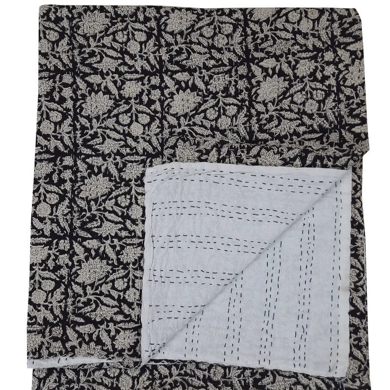 Black Kantha Hand Block Print Cotton Kantha Quilt Indian - Etsy | Etsy (US)