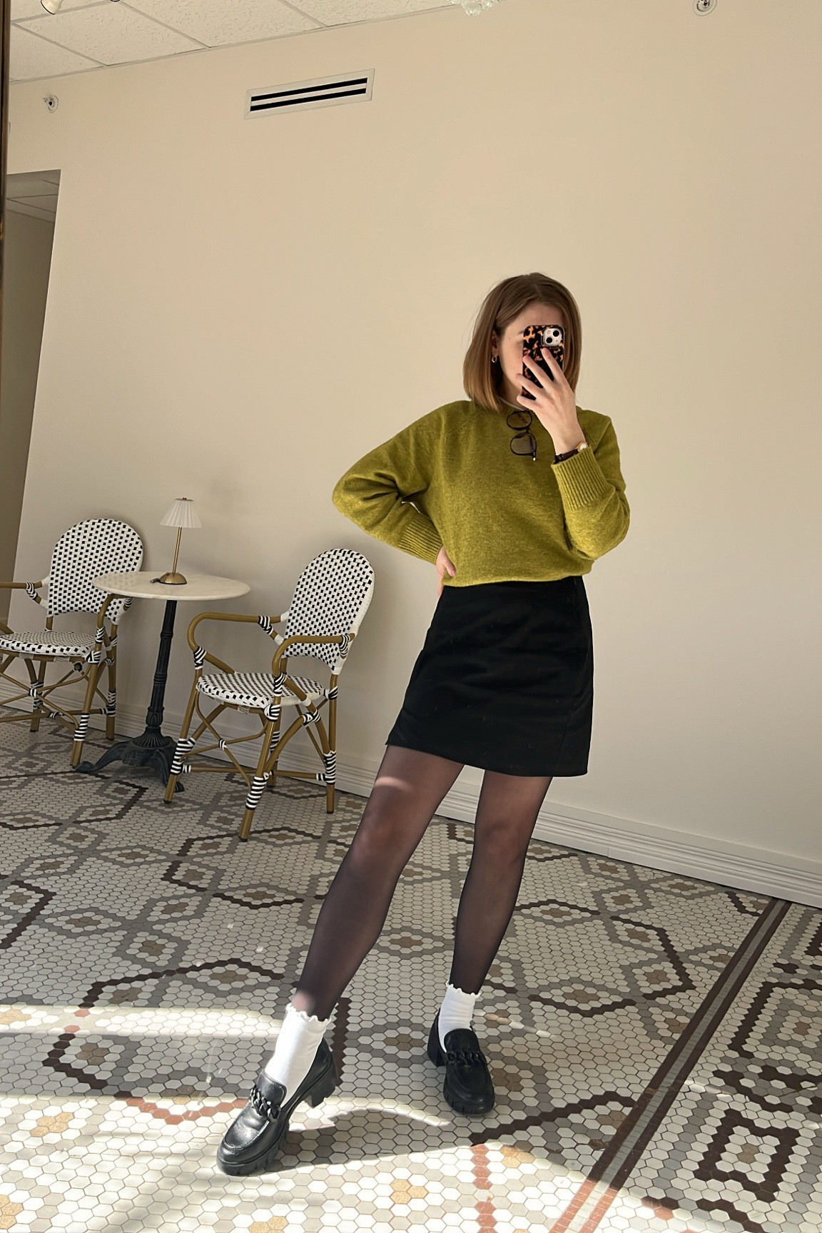 I was craving a pop of color today - since we still have frigid temperatures! This was an easy mid-week look with a mini skirt, a green sweater layered over a white tee, sheer tights, lug sole loafers and frill socks.

#LTKPetite #LTKStyleTip #LTKSeasonal
