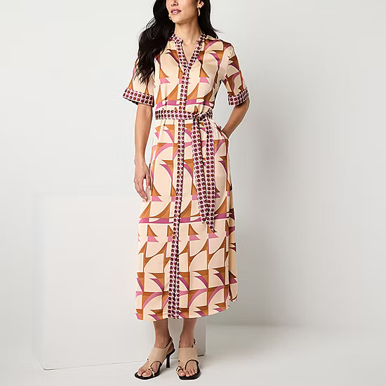 new!Worthington Womens Short Sleeve Geometric Shirt Dress | JCPenney