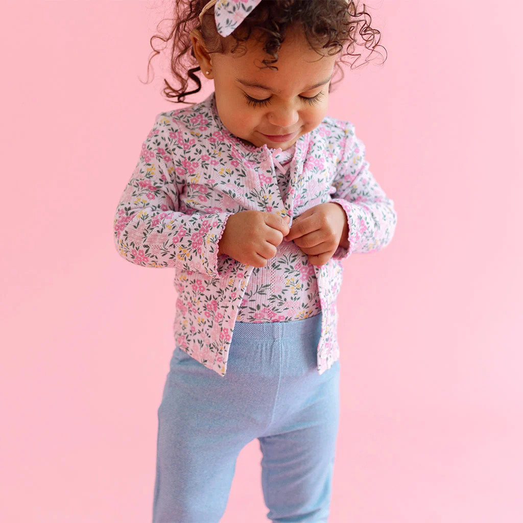Floral Pointelle Pink Girls Ruffled Long Sleeve Pullover | Meadow Haze | Posh Peanut