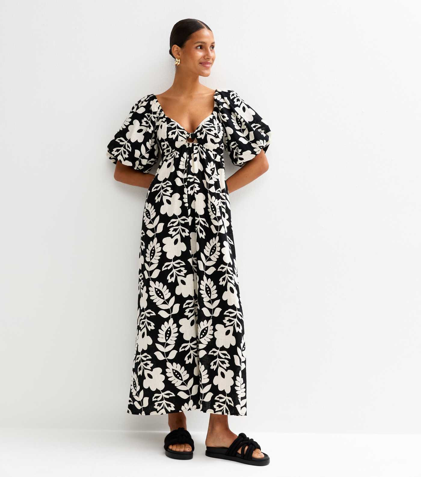 Black Folk Floral Print Puff Sleeve Midi Dress | New Look | New Look (UK)
