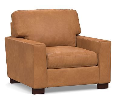 Turner Square Arm Leather Small Armchair, Down Blend Wrapped Cushions, Churchfield Camel | Pottery Barn (US)