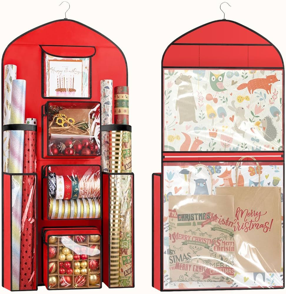 Woodoulogy Hanging Gift Wrapping Paper Storage, 48x24 (Extra Large) Red Double-Sided Christmas Wr... | Amazon (US)