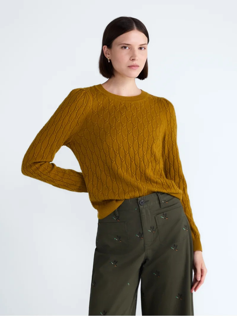 Free Assembly Women's Cashmere Cable Knit Sweater with Puff Sleeves, Midweight, Sizes XS-XXL | Walmart (US)