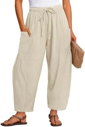 MEROKEETY Women's Linen Wide Leg Pants Summer 2026 Casual Loose Beach Vacation Baggy Palazzo Barr... | Amazon (US)