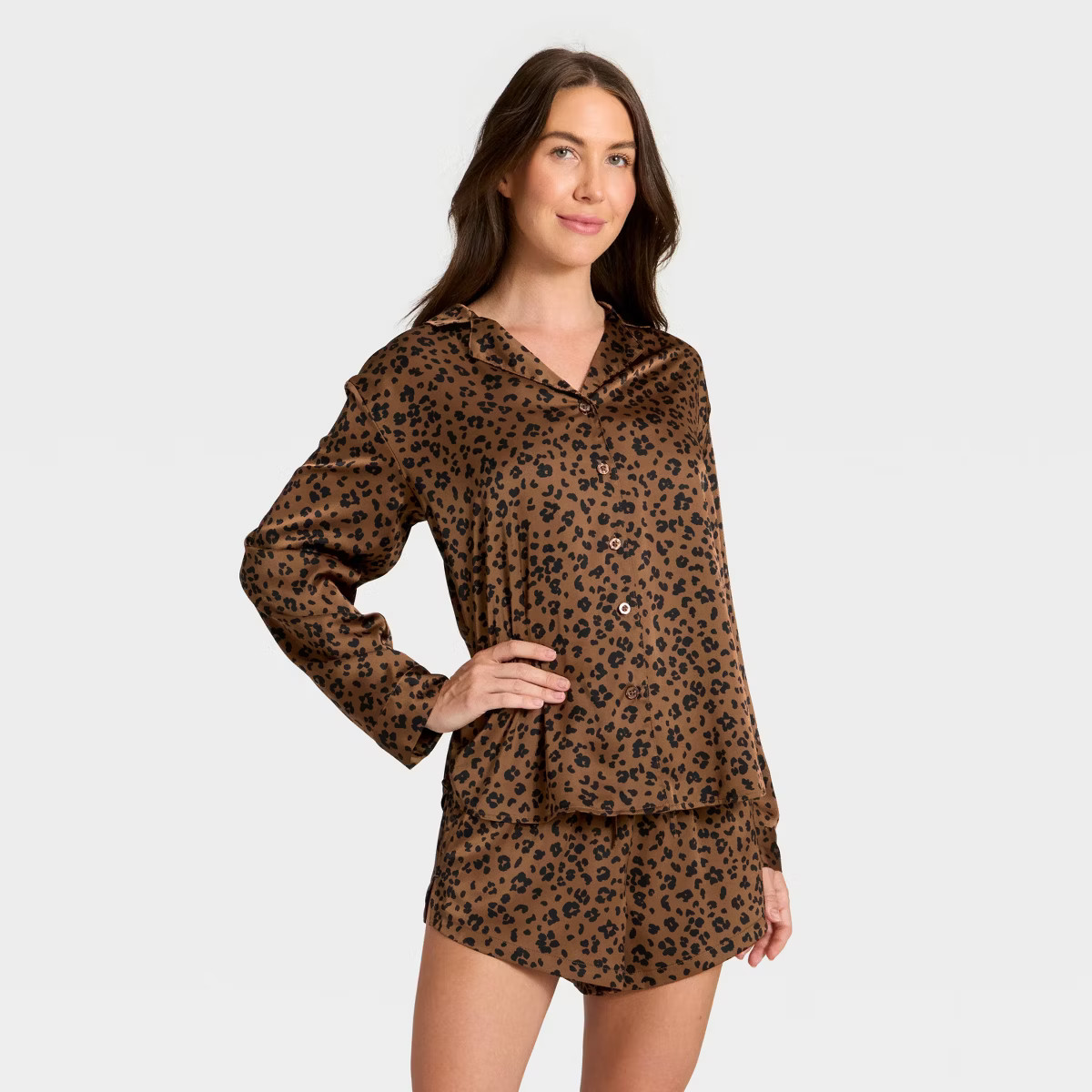Women's Satin Notch Collar Long Sleeve Shirt and Shorts Pajama Set - Auden™ | Target