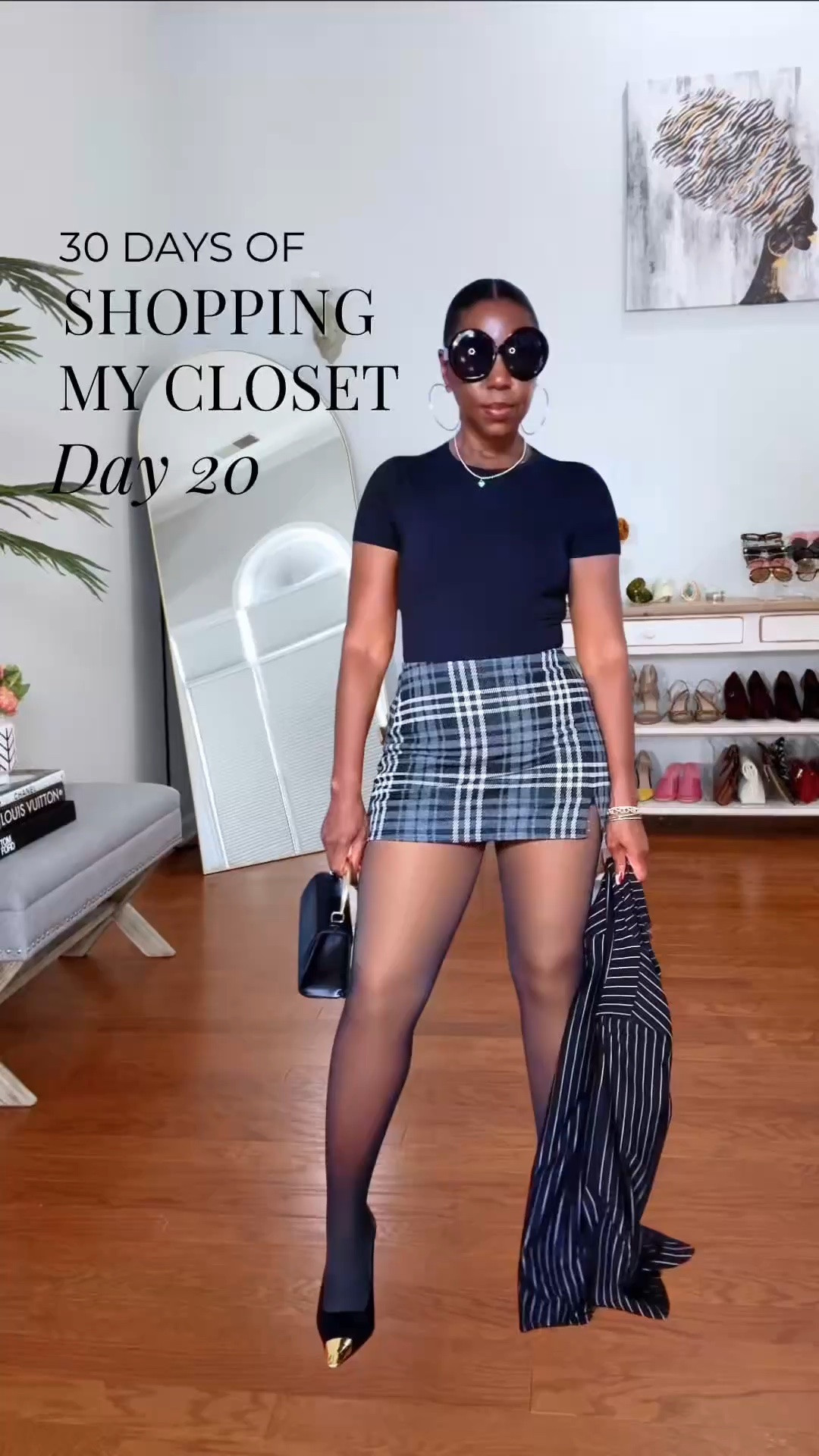 DAY 20/30: Shopping My Closet 🖤

Only 10 days left! 🙌🏾

This look is giving fall polished with a little edge. I mixed a thrifted pinstripe blazer with a thrifted plaid skort, then kept the rest sleek with a black crew-neck bodysuit, sheer tights, and black + gold heels.

The tights were the finishing touch for me — they made the short skort feel instantly more polished and fall-ready. And I LOVE how the pinstripes + plaid work together without feeling too busy.

WHAT I’M WEARING

* Naked Wardrobe pinstripe blazer — thrifted, M
* American Eagle plaid skort — thrifted, M
* Black crew-neck bodysuit
* Sheer black tights
* Black + gold slingback heels
* Black structured bag

The blazer and skort are thrifted, so I linked similar options to help you recreate the look.

Size reference: 5’4” | 155 lbs | Size M

🛍️ Tap to SHOP the look + similar finds.

Style it. Own it. SLAY it. 💋

#ShopMyCloset #FallStyle #ThriftedFashion #FashionOver50 #MikoSlaysFashion

#LTKootd #LTKOver40 #LTKMidsize