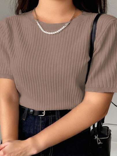 Dazy Plus Plus Size Women Solid Color Round Neck Loose Knit Short Sleeve Sweater Top | SHEIN