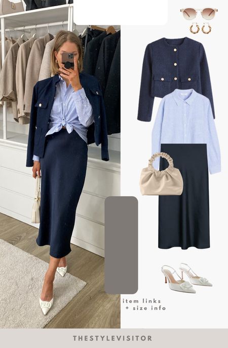 The navy midi skirt is from last year but such a classic piece they keep remaking it, also available in black. Love it with a blue striped shirt for work and some sling backs for spring. Wearing xxs in skirt, xs in shirt and s in jacket (zara. Read the size guide/size reviews to pick the right size.

Leave a 🖤 to favorite this post and come back later to shop

#work outfit #office outfit #midi skirt #striped shirt #navy jacket 

#LTKstyletip #LTKSeasonal #LTKworkwear