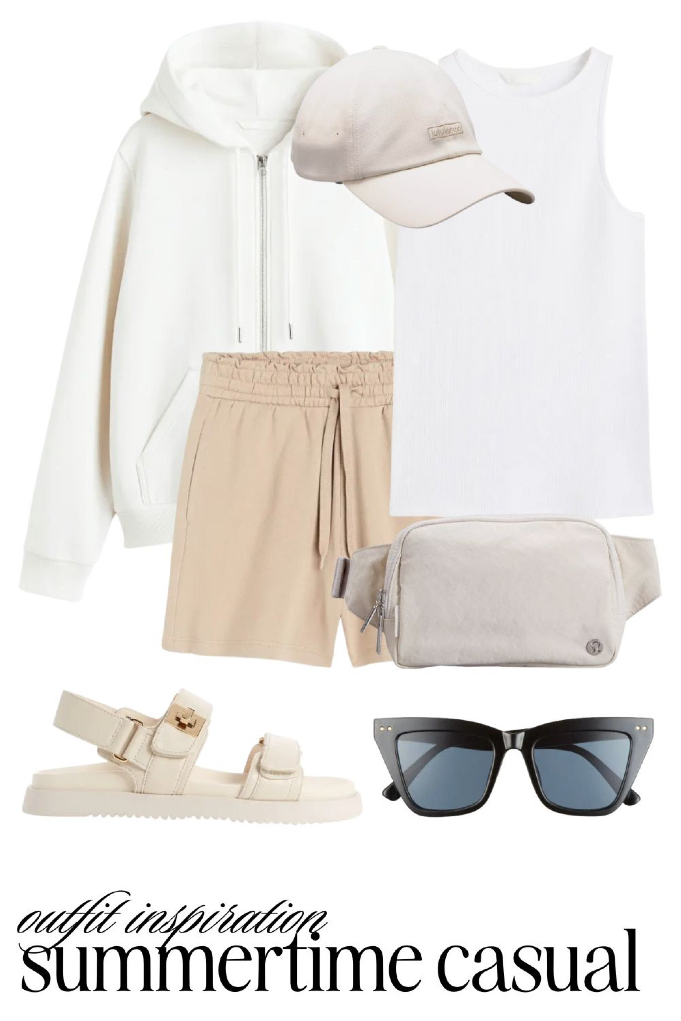Outfit inspiration. Summertime casual. Sweatshorts, tank, sandals, zip up sweatshirt, hat, sunglasses, belt bag. Neutral style. Summer style. #neutralstyle #summerstyle #casualchic

#LTKstyletip