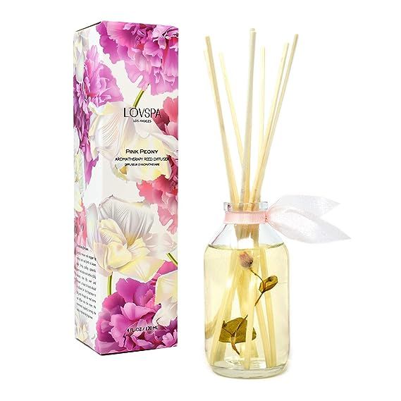 LOVSPA Pink Peony Reed Diffuser Scented Stick Gift Set with Essential Oils and Real Flower Petals... | Amazon (US)