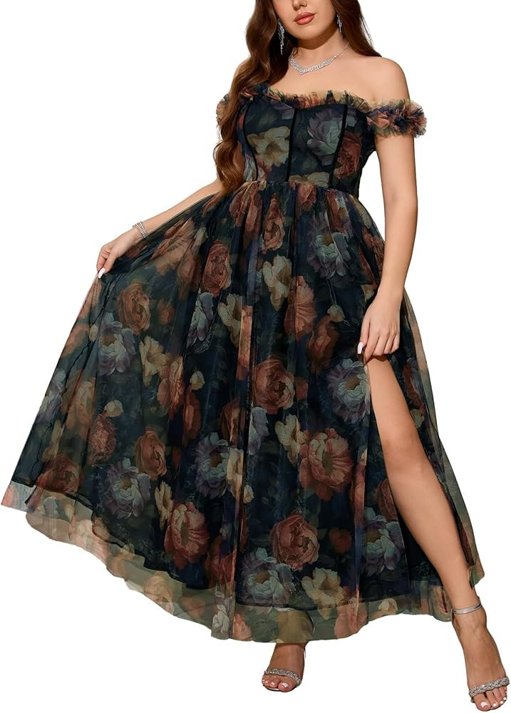 Women's Plus Size Formal Party Cocktail Dress, Wedding Guest Evening Gown with Slit - Off Shoulder Floral Tulle Maxi Dress | Amazon (US)