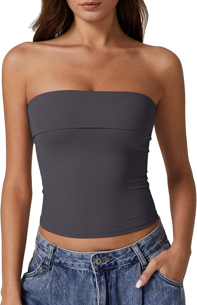 QINSEN Women's Tube Tops Strapless Bandeau Tops Double Lined Slim Fit Summer Going Out Tank Tops | Amazon (US)